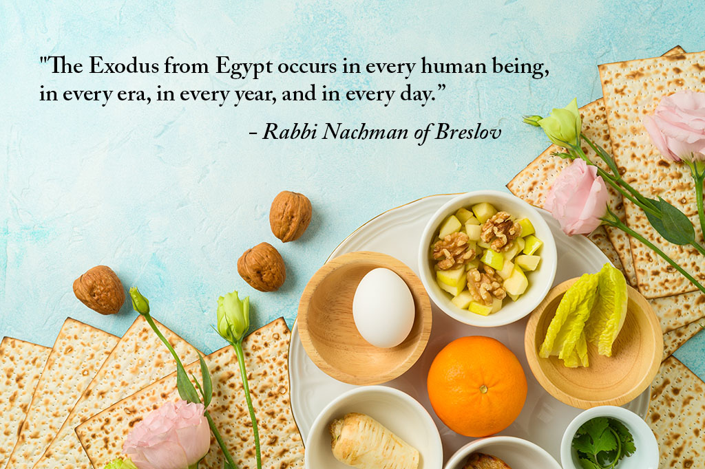 Modern Seder Plate with quote from Rabbi Nachman of Breslov that says "The Exodus from Egypt occurs in every human being, in every era, in every year, and in every day.”